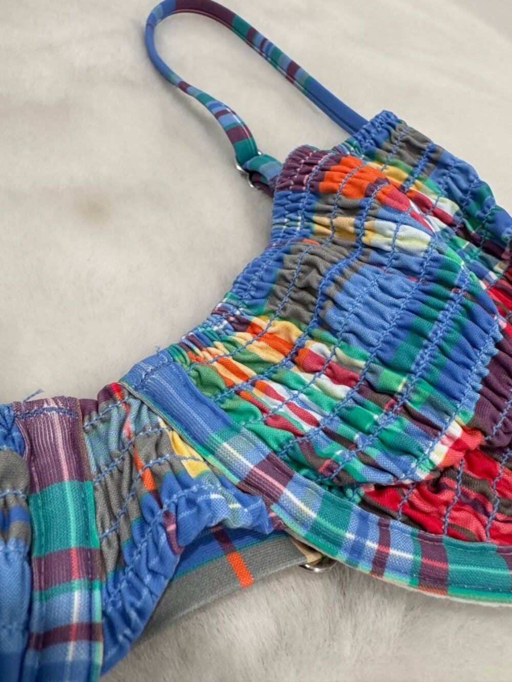 New Polo Ralph Lauren Women's Size M Blue Smocked Madras Balconette Swim Top - Picture 6 of 13
